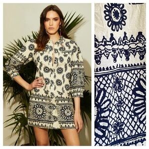 Tuckernuck Love The Label Sula Dagmar Ivory Blue Print Mini Puff Sleeve Dress L